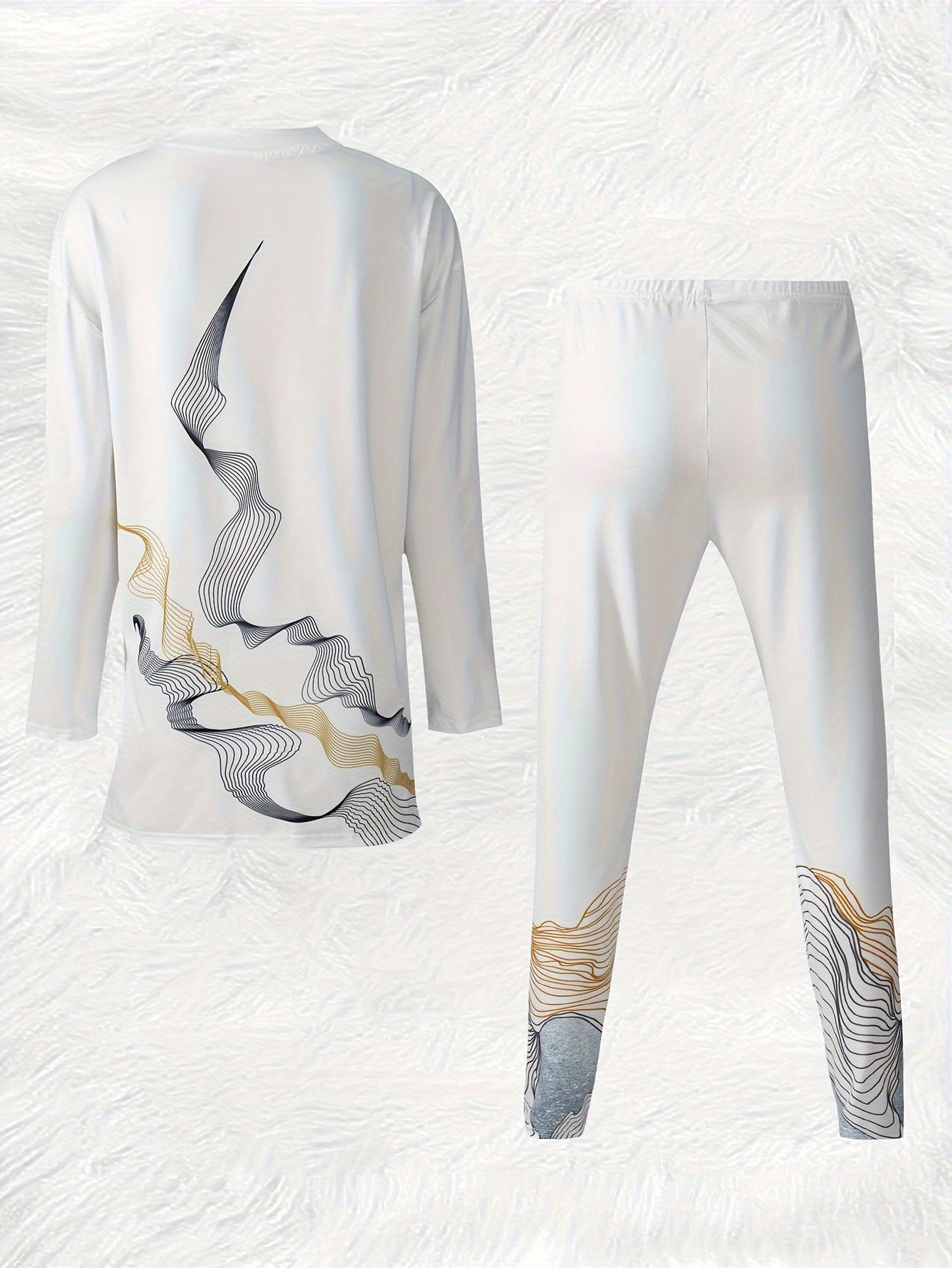 Two-Piece Chic - Soft Graphic Print, Crew Neck, Long Sleeve, Elastic Waist, Split Top, Comfortable Pants - Perfect Outfit for Spring and Fall, Women's Casual Clothing